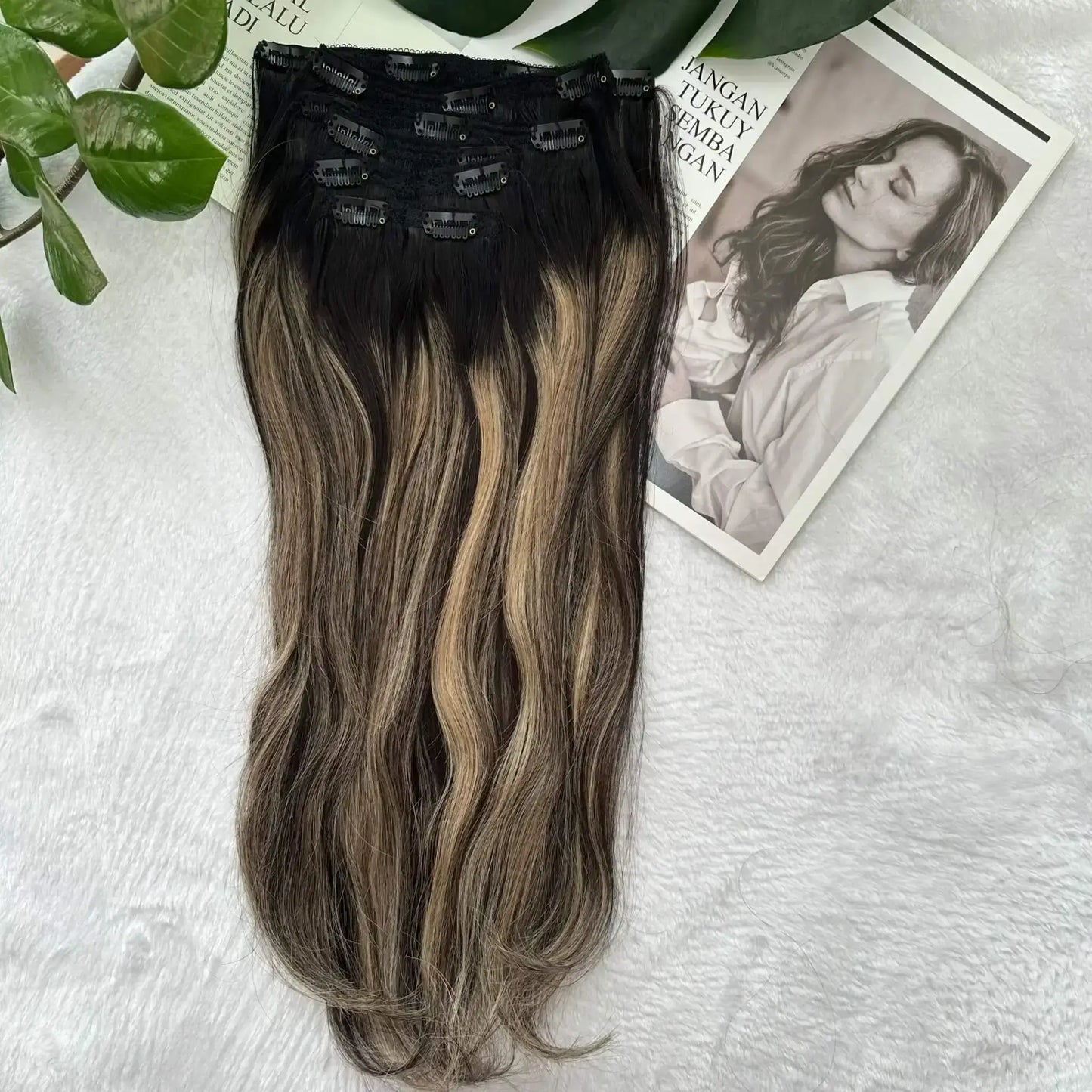 buy clip-in hair extensions, dark roots blonde highlighted, 20 inch