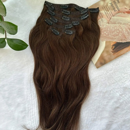 natural clip-in hair extensions, real hair, dark brown